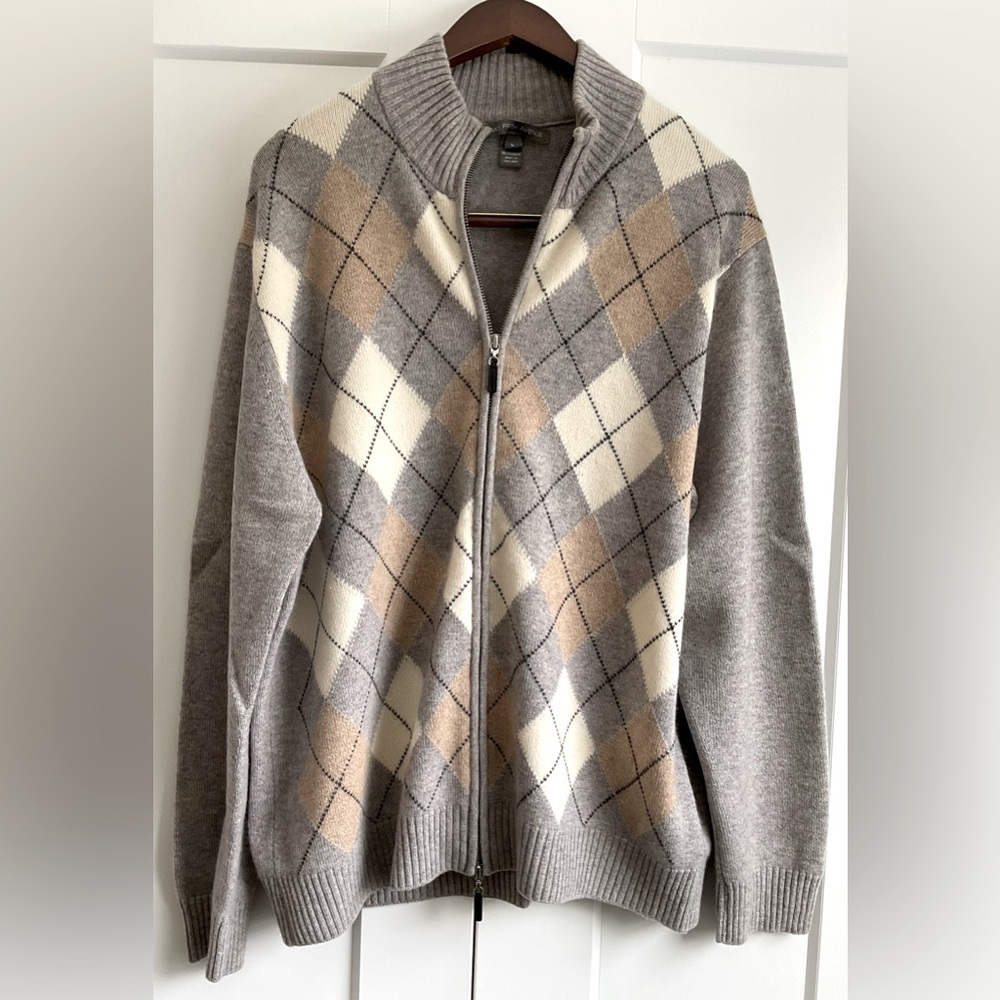 Saks Fifth Avenue 100% Cashmere Argyle Zip-Up Cardigan Men’s Large